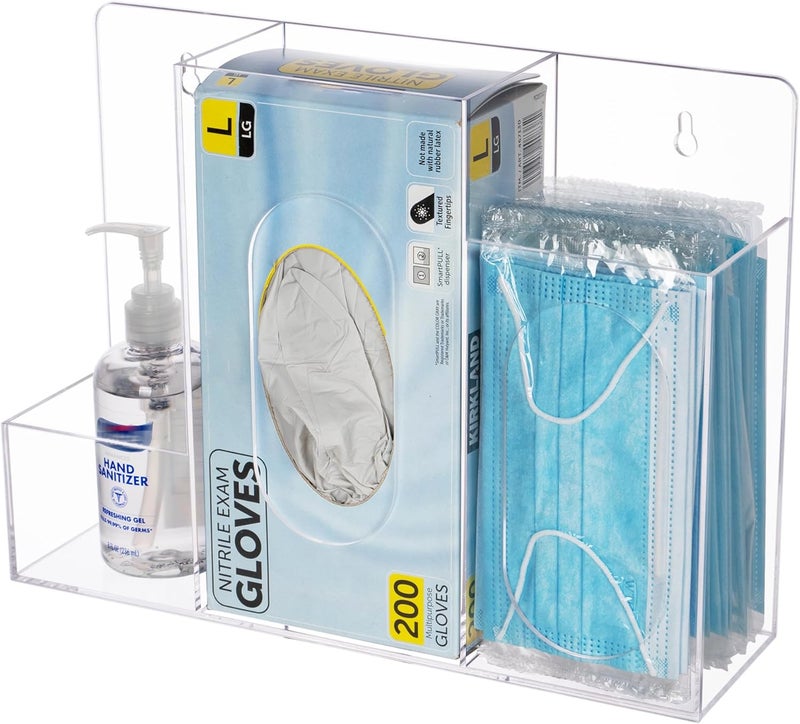 Aphbrada Acrylic Hygiene Dispenser Station with 3 Compartments - Triple Sanitation Station Holder Dispenser for Face Masks, Gloves Box, Hand Sanitizer, Hairnets, Tissues- Wall Mount or Tabletop - Image 1